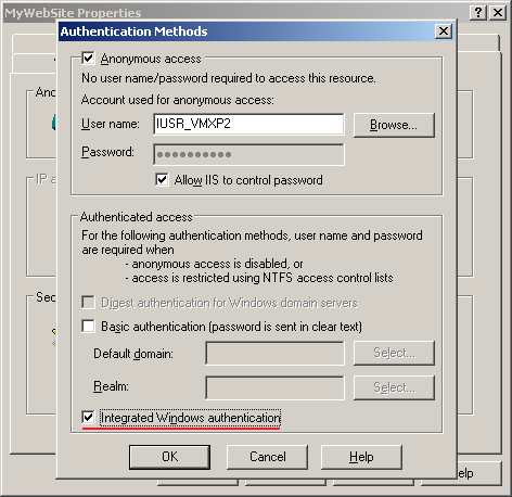 Enabling Windows Authentication for new virtual directory