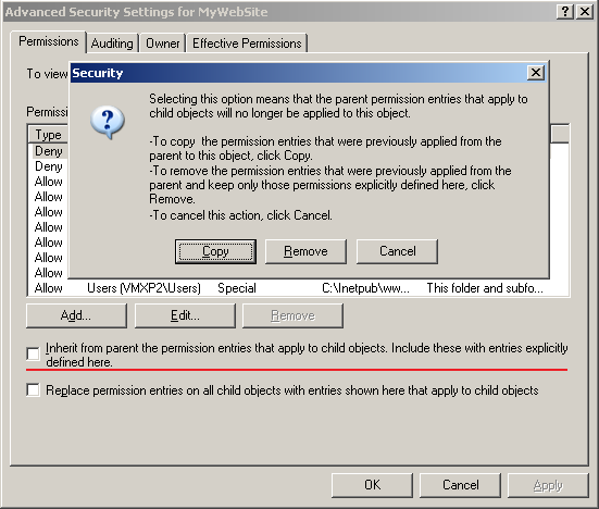 Disabling NTFS permissions inheritance