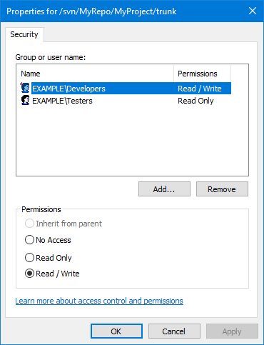 Access rules configuration in the VisualSVN Server