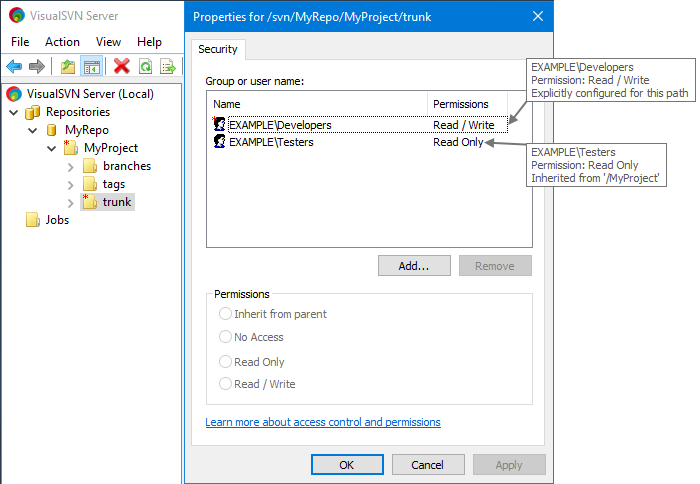 Access rules configuration in the VisualSVN Server