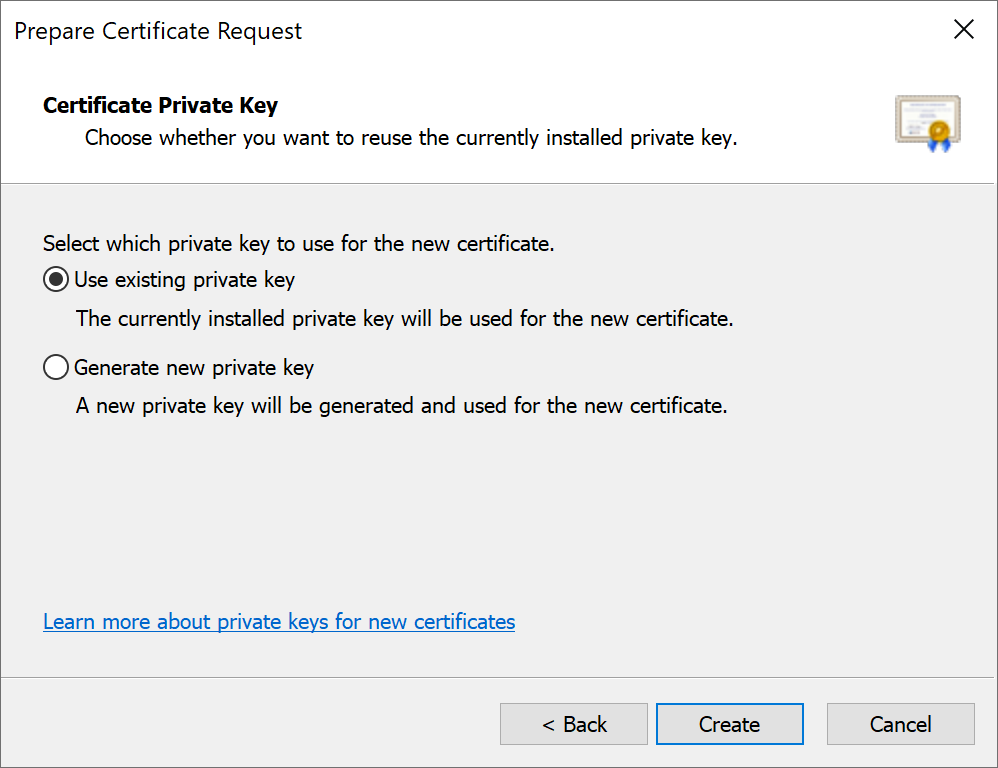 The Certificate Private Key screen