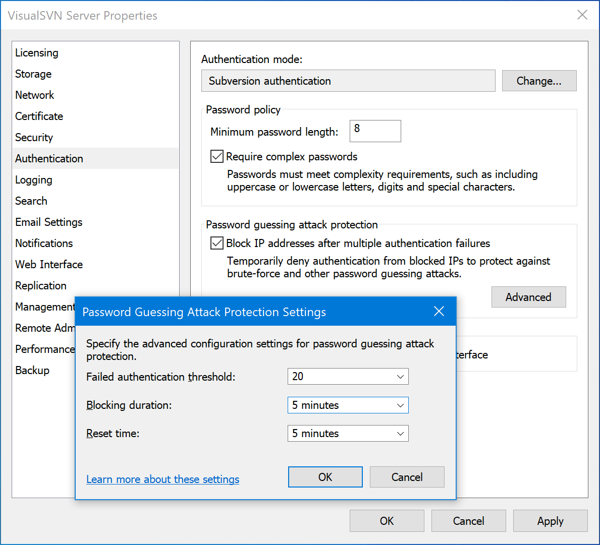 Password guessing protection settings