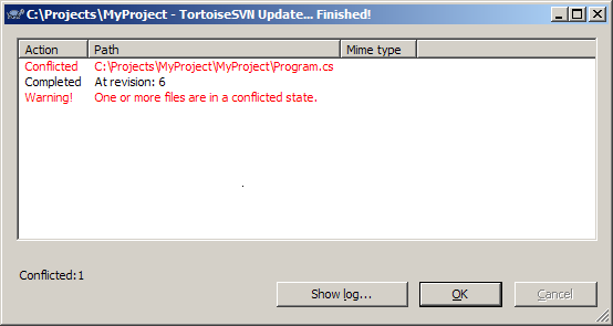 Conflicted files in TortoiseSVN's Update window